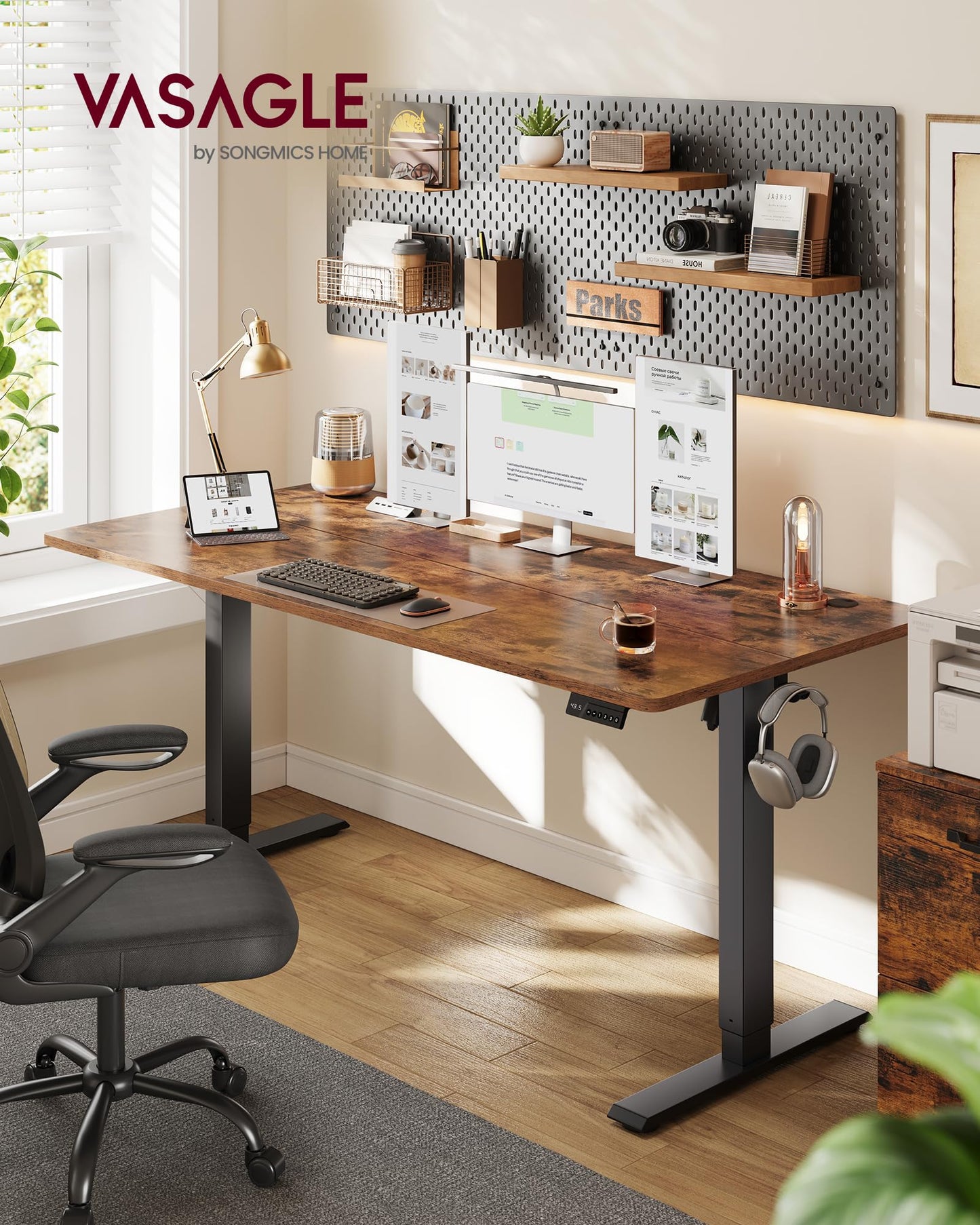 VASAGLE Electric Standing Desk, 63 x 27.6 Inches Height Adjustable Desk, Sedentary Reminder, 4 Memory Heights, for Home Office, Rustic Brown ULSD316KD02S
