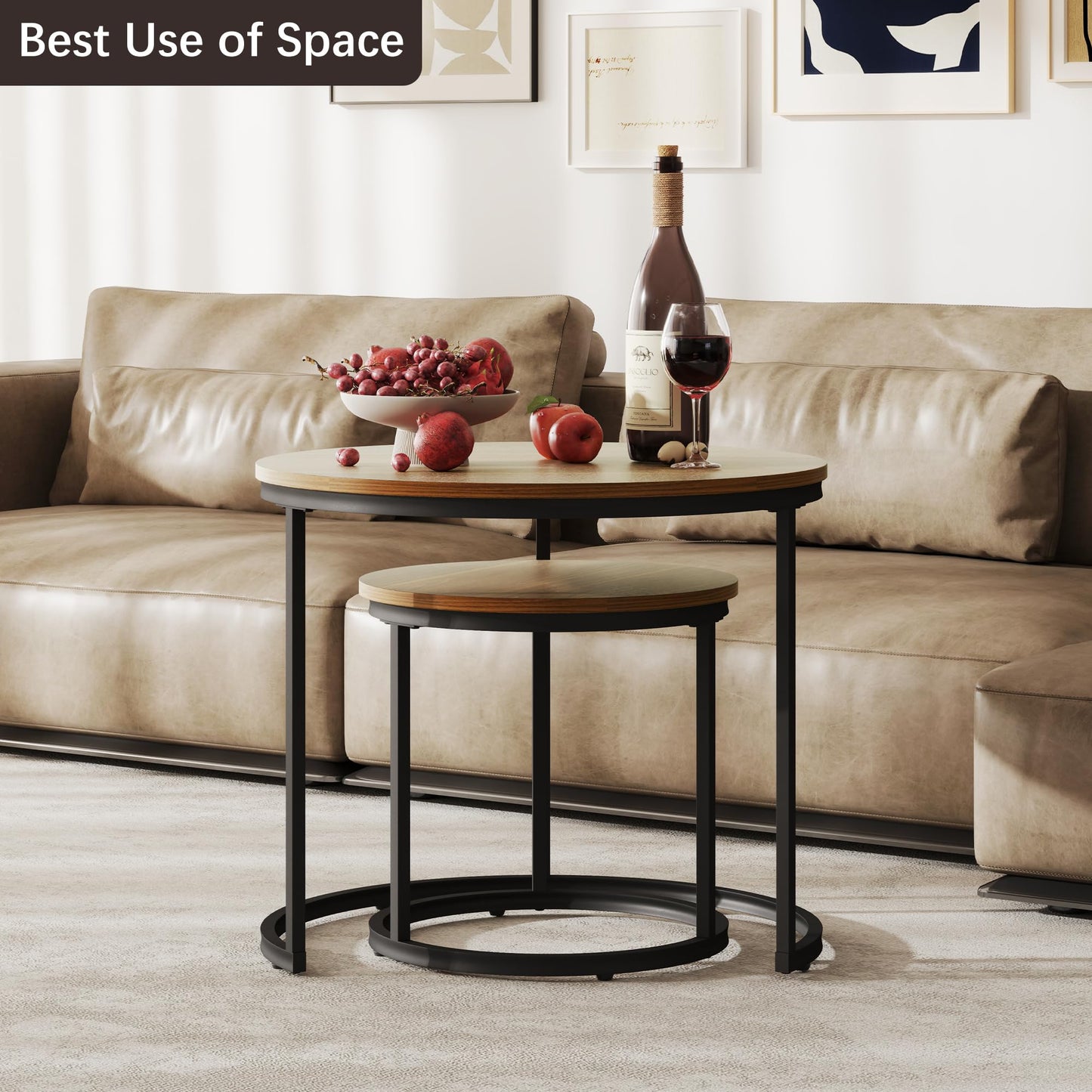 Otterease Nesting Tables Set of 2, Round Coffee Table, Small Nesting Coffee Table with Adjustable Non-Slip Fee, Wood Grain Top Nesting Tables for Living Room, Bedroom (Wood Grain Brown)