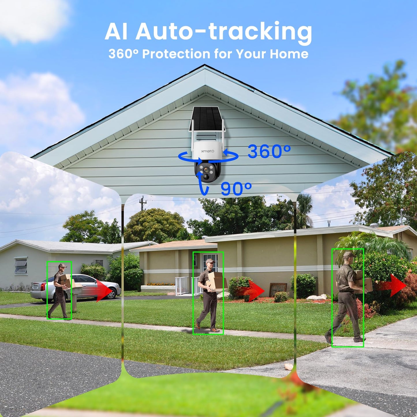 xmartO Solar Camera Outdoor Wireless, 4 PCs QHD 4MP PTZ AI Tracking Security Camera System with 4K 10CH Expandable WiFi NVR, All-Weather Solar Charge, 2-Way Audio, PIR Sensor, No Monthly Fee, 500GB