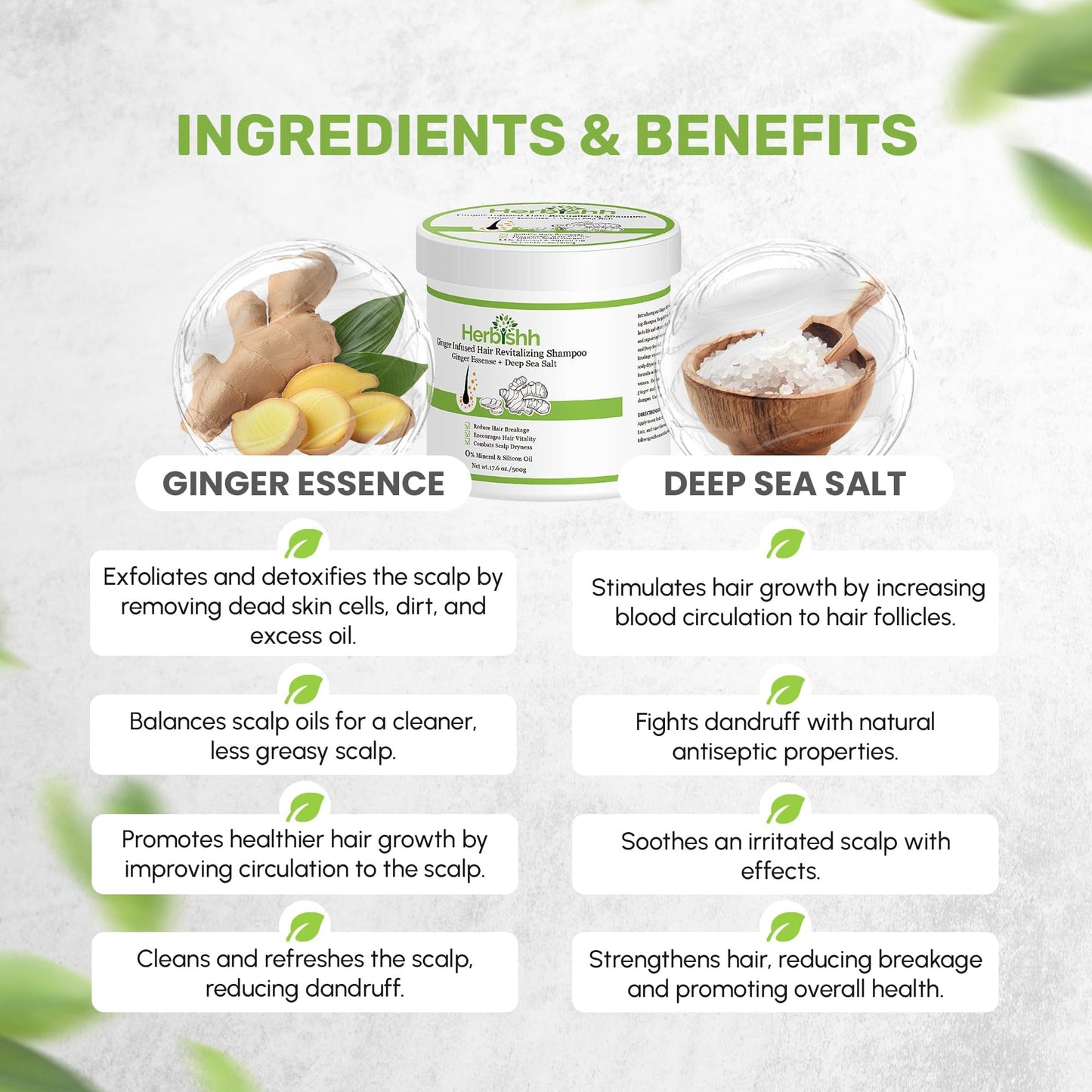Herbishh Ginger Hair Revitalizing Shampoo Jar with Deep Sea Salt - Anti Dandruff Shampoo for Weak, Brittle Hair & Dry Scalp - Bo