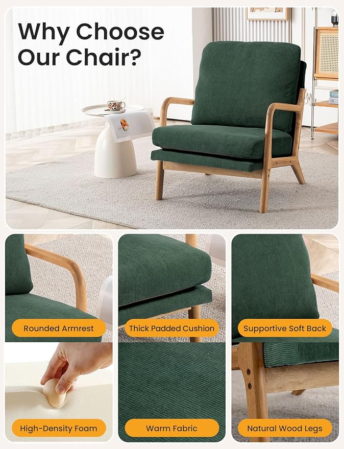 Mid Century Modern Accent Chairs for Living Room, 23” Wide Comfy Chair for Bedroom, Small Cozy Corduroy Reading Chairs for Adults, 108° Lounge Arm Chair Indoor with Detachable Cover, 5.5" Foam Cushion