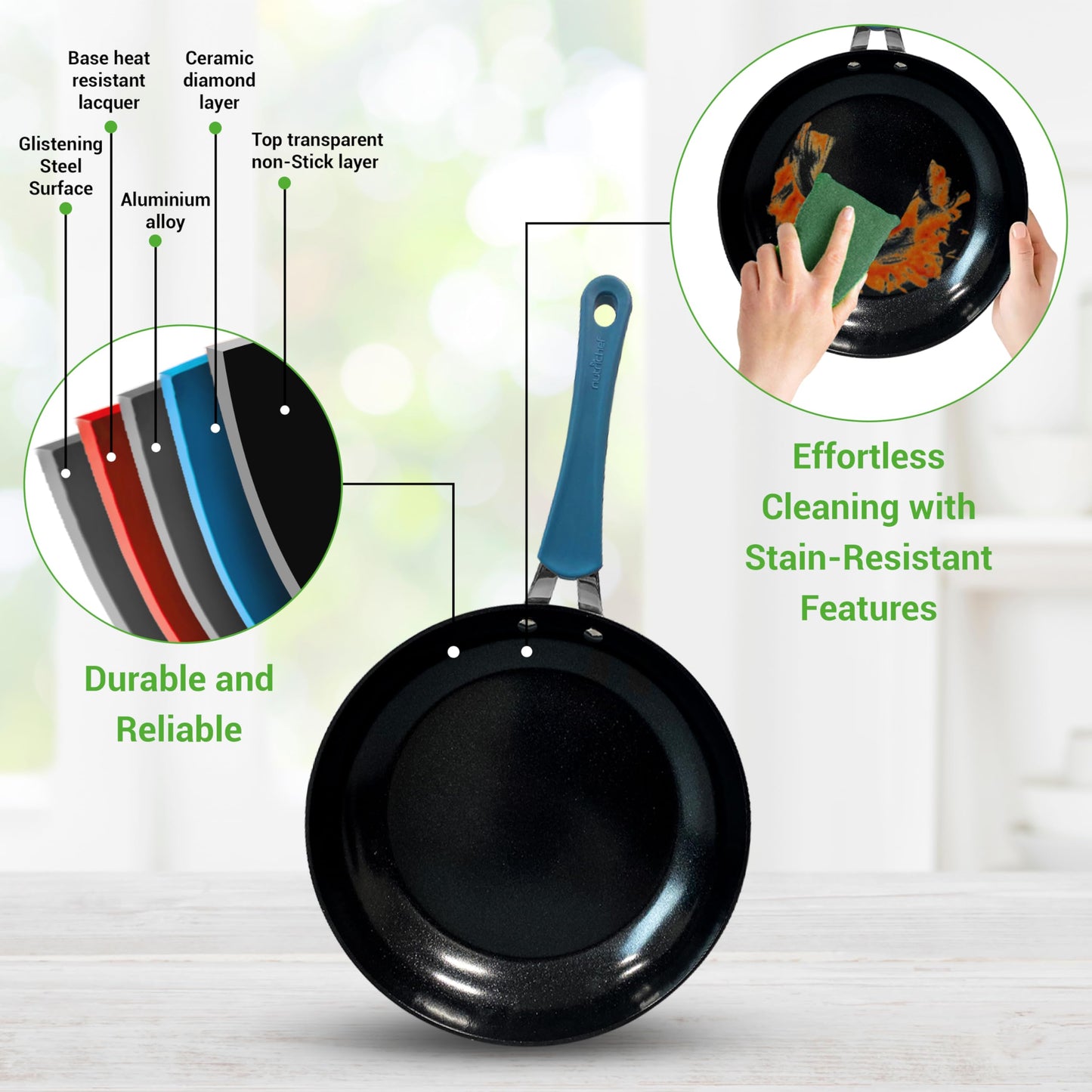 NutriChef 11 Pc Ceramic Cookware Set - Excilon Blue Diamond, Nonstick, Induction Ready, Includes Saucepan, Fry Pans, Dutch Oven, Utensils, Dishwasher Safe - NCCW11BD.7