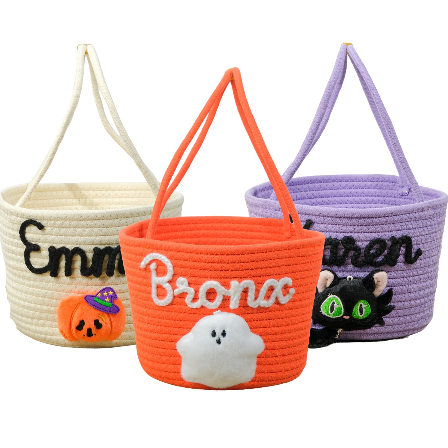 SphonxAi Personalized Halloween Basket, Customized Trick or Treat Bucket, Handmade Knitted Candy Tote, Halloween Basket with Name, Costume Ghost Bucket (Green)