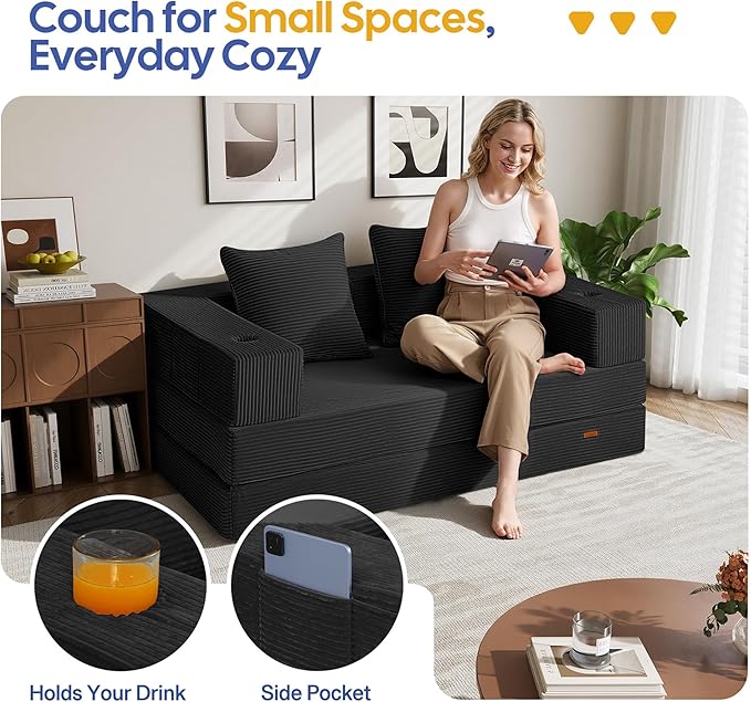 COMAX Futon Sofa Bed, 4‑in‑1 Convertible Sofa Bed, Folding Boneless Couches for Living Room, Fold Out Small Foldable Loveseat Floor Sleeper Comfy Mattress Lounge Space‑Saving, Black
