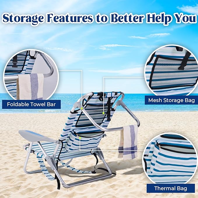 Canpsky Portable Beach Chair for Adults, Outdoor Camping Chair Lay Flat Folding Backpack Beach Reclining Chair with 5 Positions, Headrest, Cup Holder, Heavy White Striped