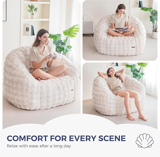 MAXYOYO Giant Bean Bag Chair for Adults, Stuffed Shell-Shaped Large Bean Bag Couch, Cozy Living Room Chair with Filler, Floor Sofa Lazy Sofa for Bedroom Living Room, Beige
