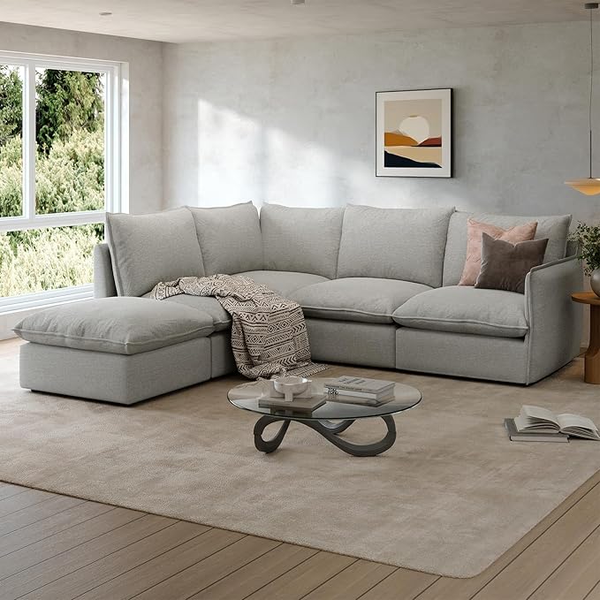 Gtilzria Waterproof Cloud Sectional Sofa for Living Room,High Backrest Down Filled Couches,5 Seater Oversized Modular V-Shaped Sofa,Detachable Couch Covers,Light Grey
