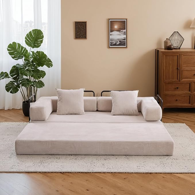 Convertible Couch Sofa Bed Foldable Floor Sleeper | Modern Fold Out Couch | Removable Backrest & Armrests | No Assembly Compression Sofa Sleeper for Living Room, Bedroom | Corduroy Fabric Beige