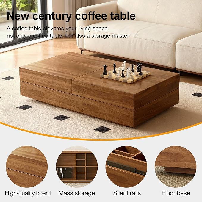 Pajiasen Mid-Century Modern Farmhouse 47.2-81.8" Expandable Coffee Table，Adjustable Center Table with Large Storage for Living Room, Walnut