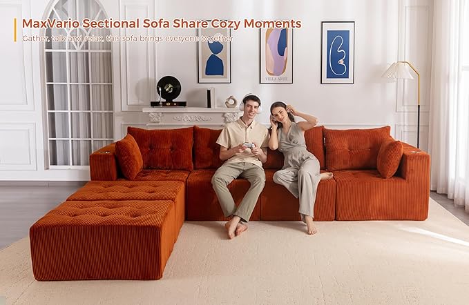 MAXYOYO 129.5" Modular Sectional Sofa Couch, U Shaped Modern Cloud Couch with 2 Ottomans, Sofa in A Box, Tufted 6-Seat Boneless Sleeper Chair for Living Room, No Assembly Required, Orange