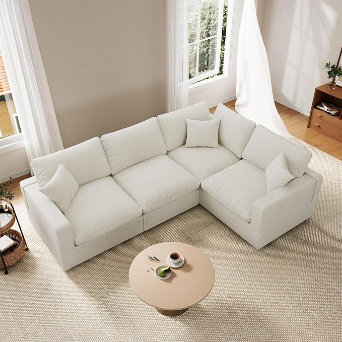 Cloud Couch Modular Sectional Sofa, 95.4" 4-Seater L Shaped Sectional Couches for Living Room, Convertible Cloud Sofa with Ottoman, Down Filled Wide & Deep Seat, Removable Washable Cushion Covers