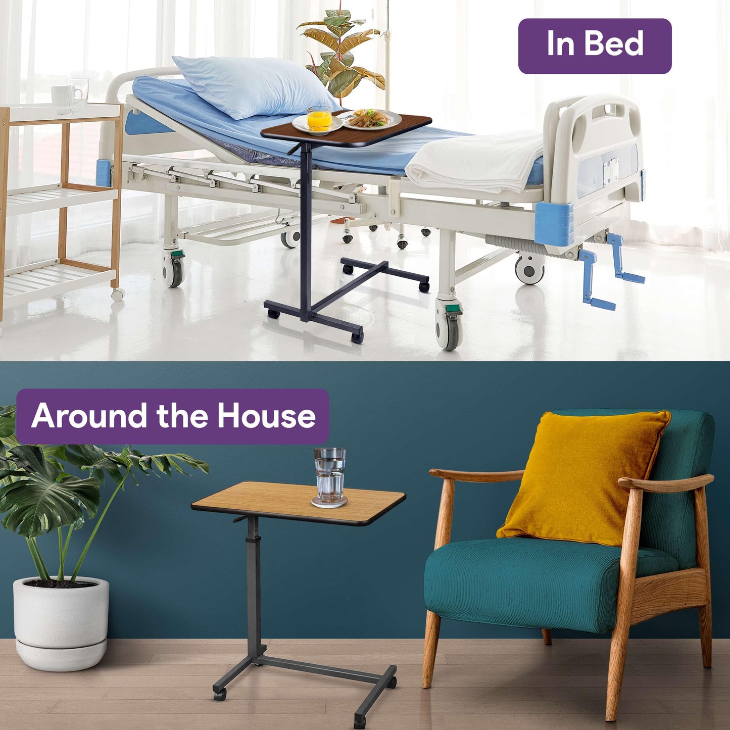 ProHeal Medical Overbed Table with Wheels and Adjustable Height - Mahogany Color Rolling Over Bed Bedside Table for Hospital and Home Use