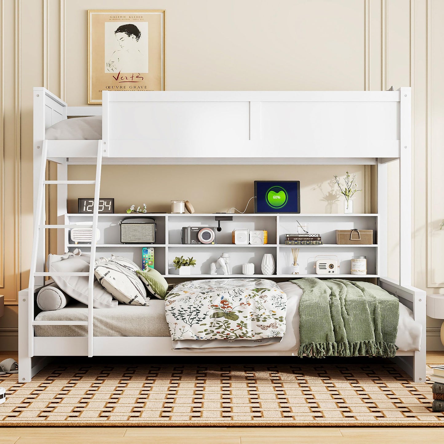 DNYN Twin XL Over Queen Bunk Bed with Storage for Kids/Adults,Solid Wood Bedframe w/Cabinets & USB Ports Design,Perfect for Bedroom, Guest Room, White