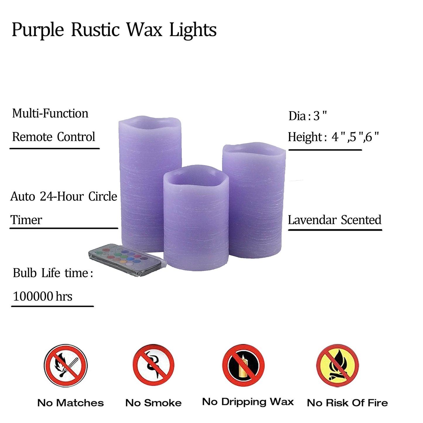 Adoria Purple Flameless Candles Set 3- Real Wax Pillar Candles Battery For Color Changing/Flickering/Night Light/Timer-Lavender