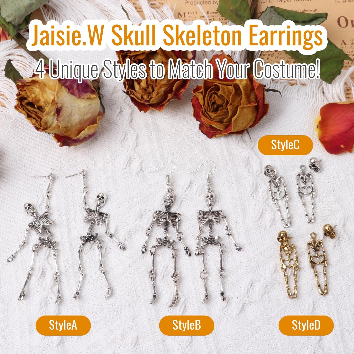 Jaisie.W Halloween Earrings - Silver Skeleton Skull Dangle Earrings (1Pair)