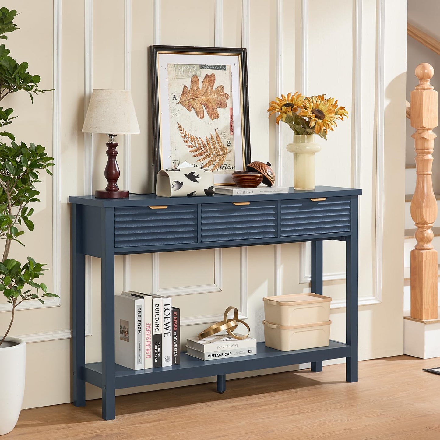 LEYAOYAO Fluted 47.2" Console Table with 3 Drawers, Modern Wood 2 Tier Entryway Table with Open Storage Shelf, Sofa Entry Tables Behind Couch for Living Room, Hallway, Entrance Foyer, Dark Navy Blue