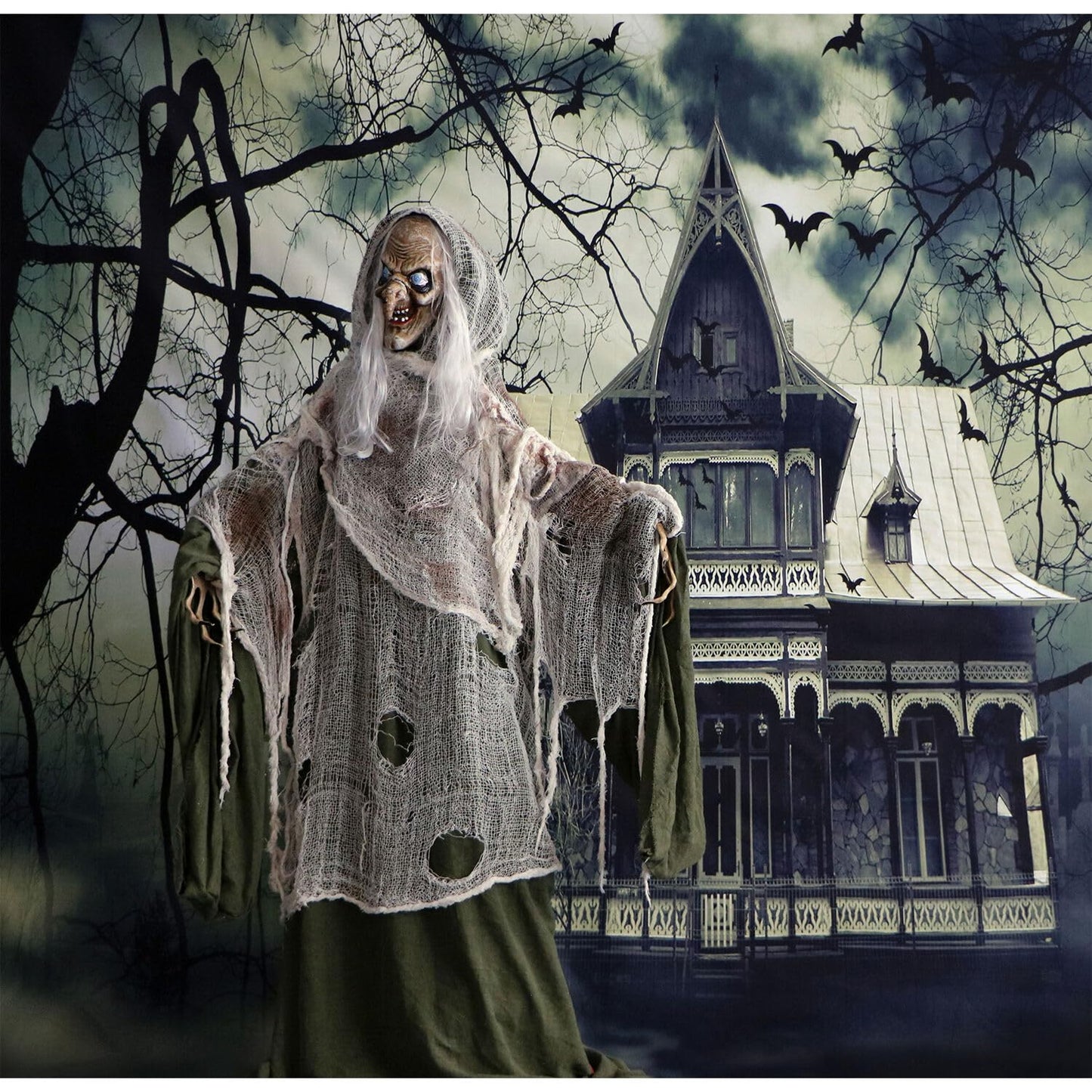 Haunted Hill Farm Life-Size Scary Talking Witch, Animatronic with Touch Activated Lights and Sound, Battery Operated Indoor or Covered Outdoor Decoration, Creepy Halloween Prop