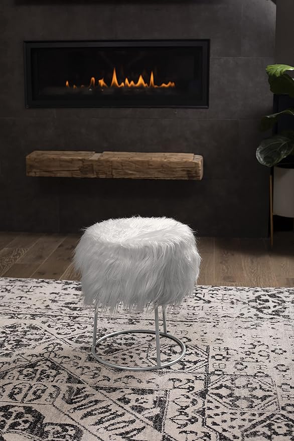 BIRDROCK HOME Round Faux Fur Foot Stool - Small Padded Ottoman with Soft Cushion for Living Room, Bedroom, or MakeUp Room - Modern Upholstered Accent Chair, Vanity Seat, Footrest for Couch/Sofa - Grey
