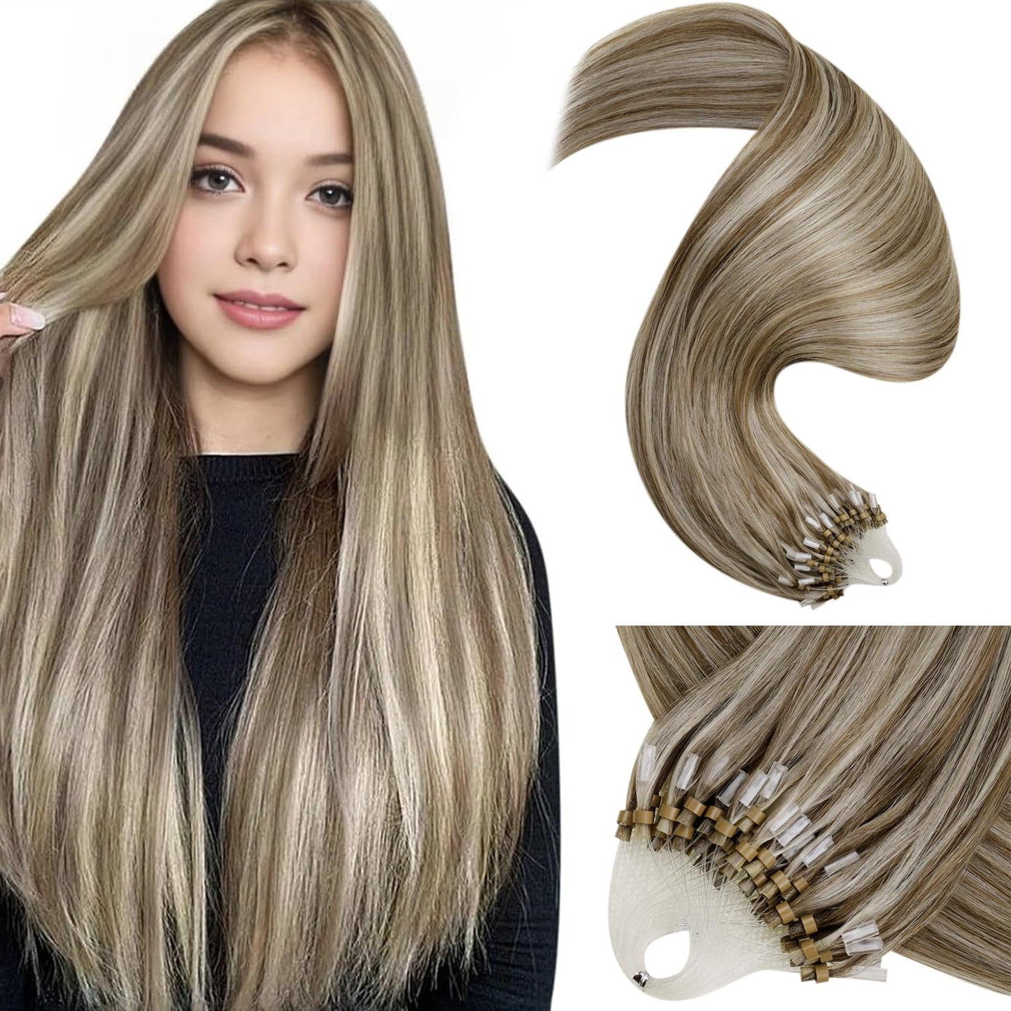LaaVoo Micro Loop Hair Extensions Real Human Hair Ash Brown Highlight Platinum Blonde Micro Ring Hair Extensions Cold Fusion 50g