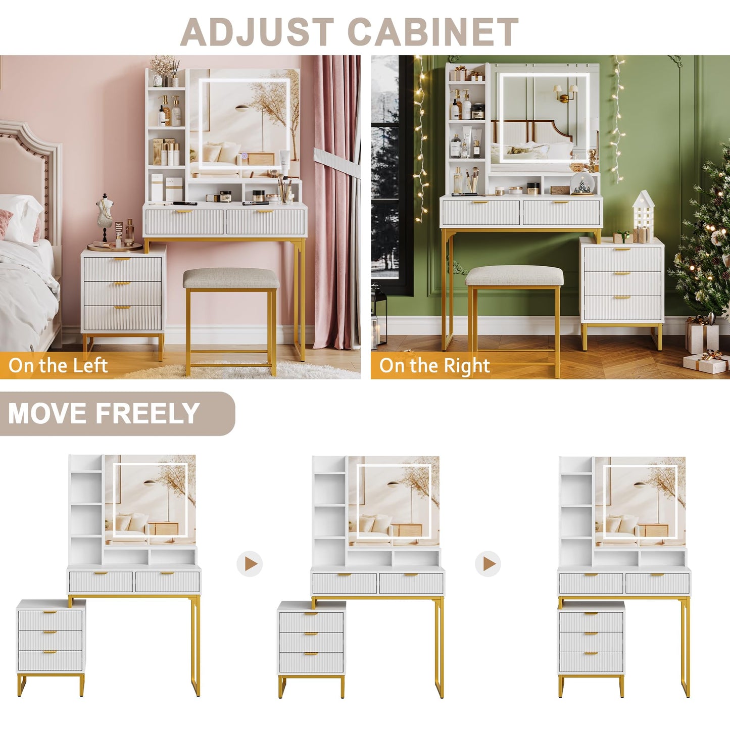 Garvee Makeup Vanity Desk with Mirror and Lights, Vanity Table with 5 Drawers, Vanity Set with Stool and Removable Side Storage Cabinet for Bedroom, White & Gold
