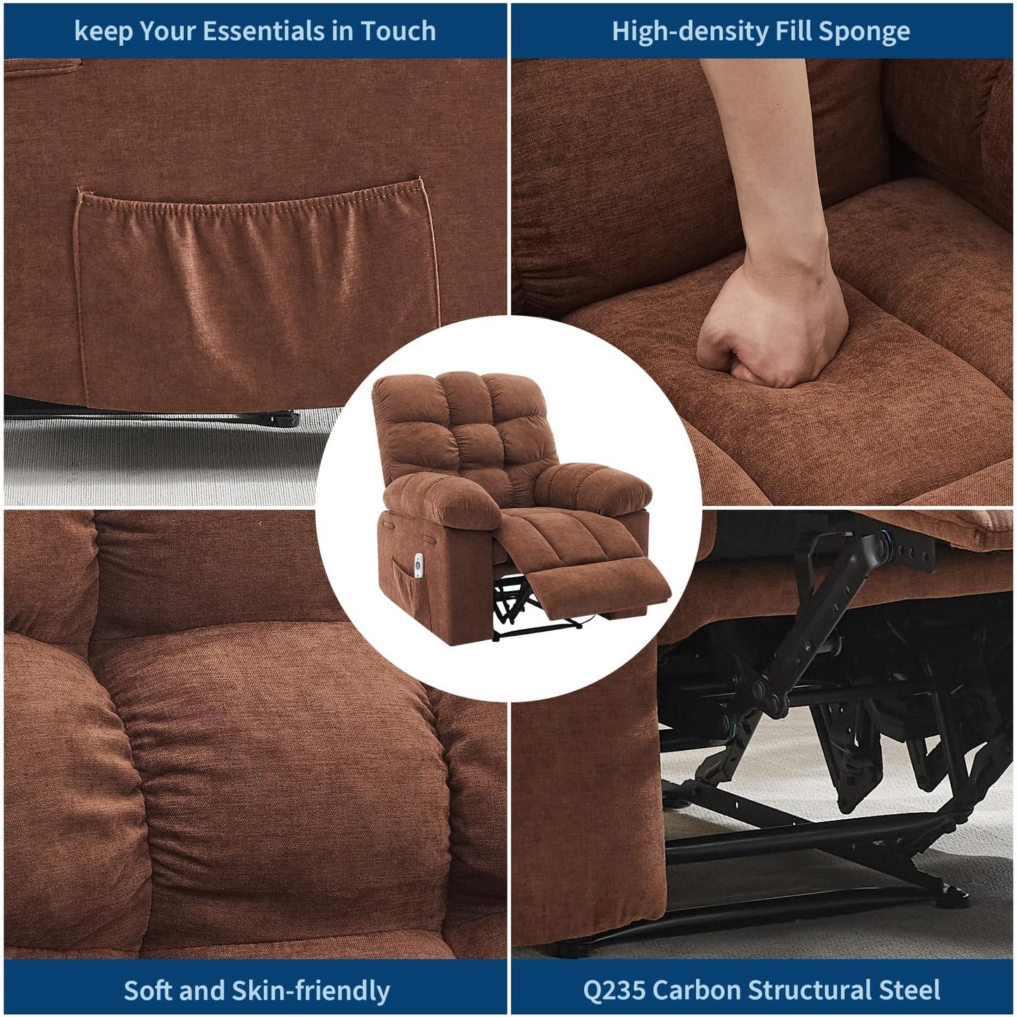 Dark Brown Ergonomic Recliner Chair - Overstuffed Rocking Recliner with Massage & Heat, Wide High-Back Linen Reclining Chair, Manual Adjustable with Remote & Dual Side Pockets for Living Room Bedroom