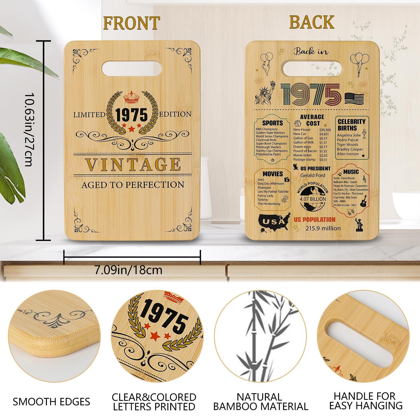 50th Birthday Gifts for Her Him - Back In 1975 50th Birthday Decorations Gifts for Women Men 50 Year Old Gift Double sided Cutting Board for Woman Man 50 th Bday gift ideas