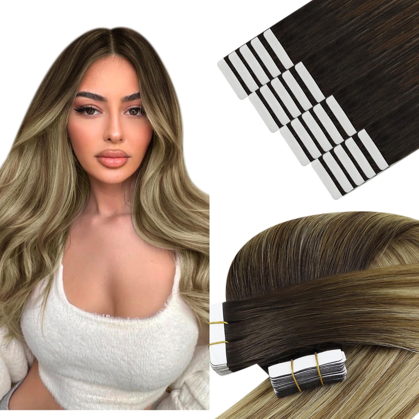 YoungSee Tape in Extensions Human Hair Brown Balayage Hair Extensions Tape in Brown Ombre Medium Brown with Blonde Tape in Hair
