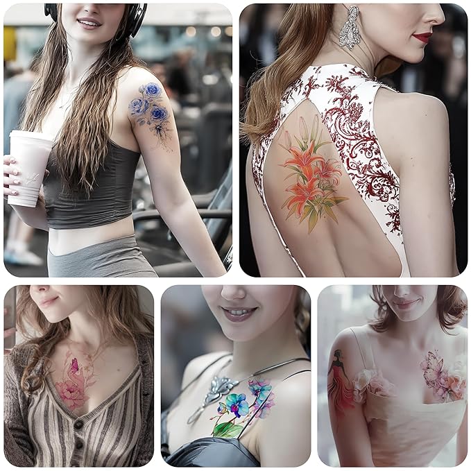 Watercolor Temporary Tattoos｜Women-Exclusive Tattoos (with Florals, Butterflies, Jellyfish, Beauties & More)｜Hyper-Realistic Fake Tattoos, Top Choice for Parties, Parent-Child & Beach