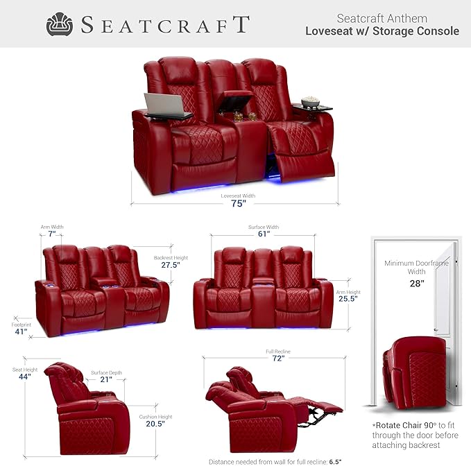 Seatcraft Anthem Home Theater Seating - Italian Leather - Power Recline Loveseat - Center Storage Console - Powered Headrests - Arm Storage - USB Charging - Cup Holders, Red