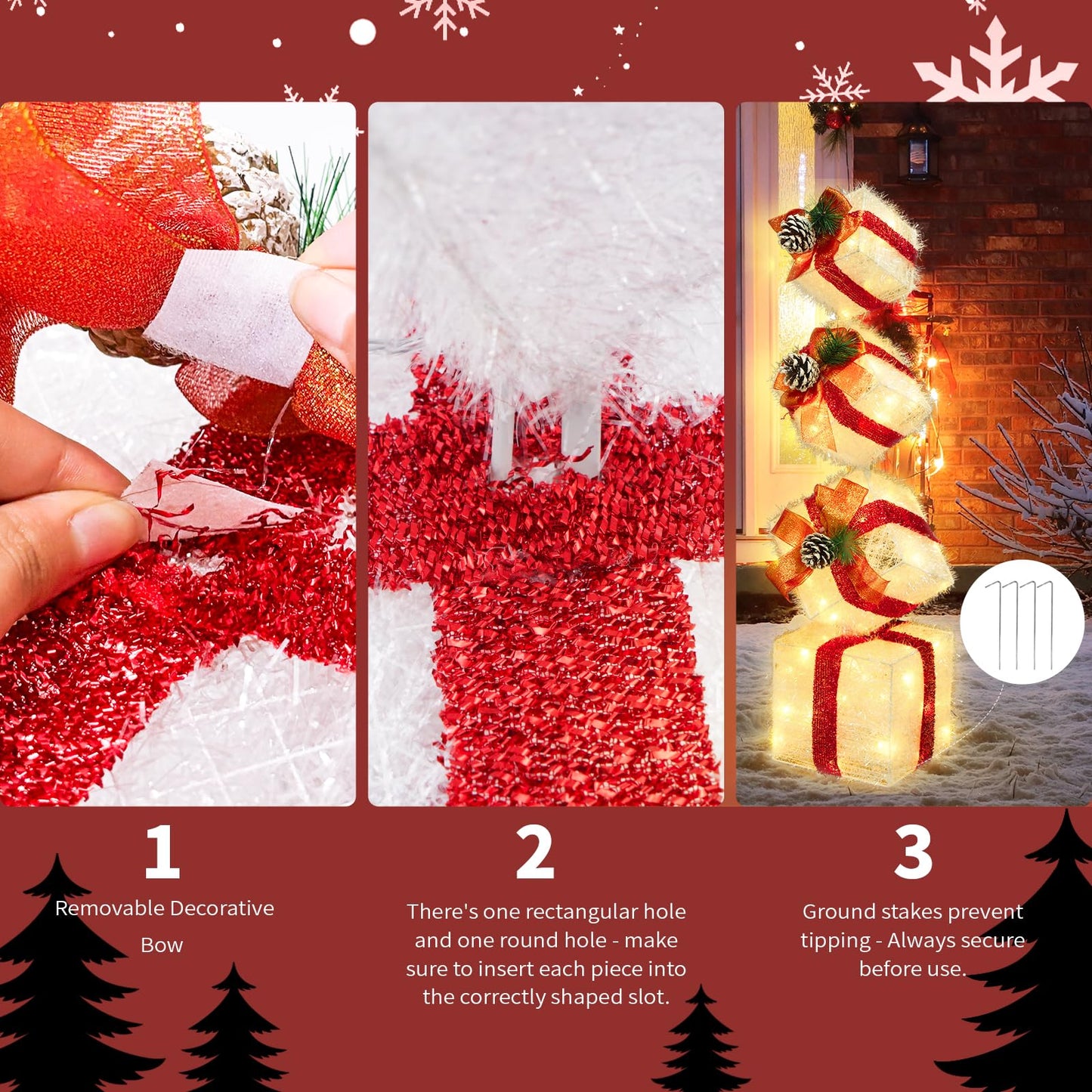 COVFEVER Christmas Lighted Gift Boxes Decorations Set of 4, 3.6Ft Stackable Christmas Nesting Boxes Battery Operated for Home and Party Decoration (10"-8"-6"-5", Red Bow)