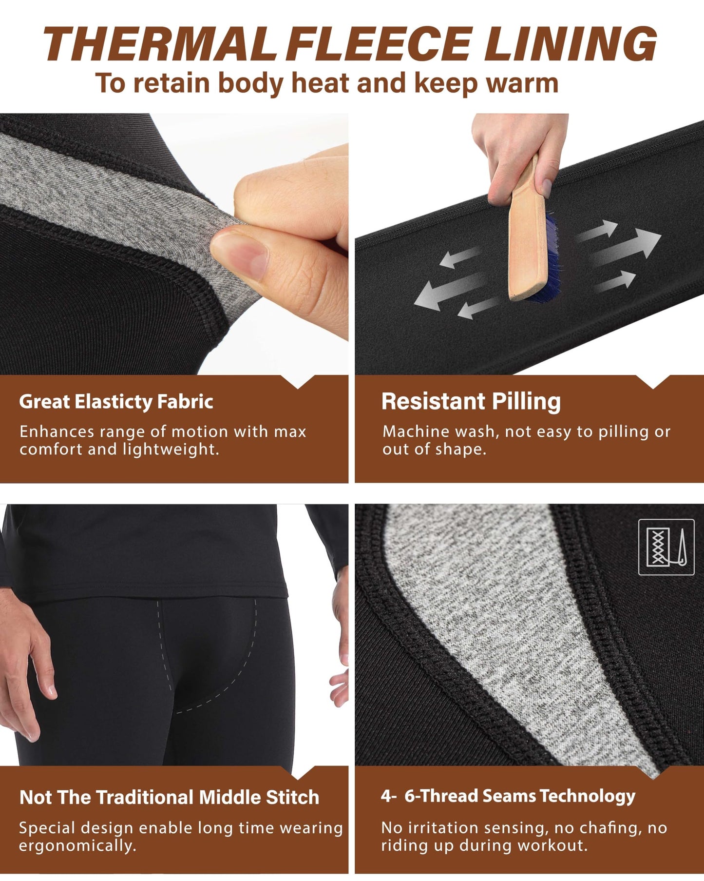 Muezna Men's Thermal Top and Bottom Set Underwear Long Johns Base Layer with Soft Fleece Lined Black