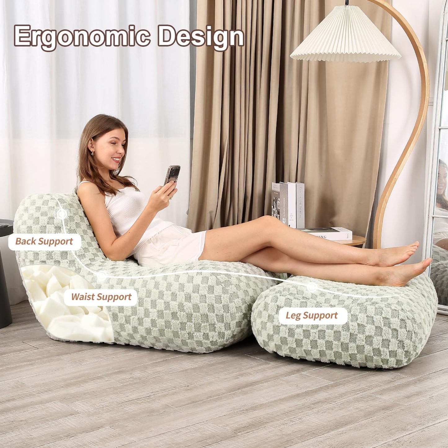 LOVMOC Bean Bag Chair with Footstool, Comfy Reading Sofa Chair for Adults, Modern Floor Sofa for Livingroom, Bedroom, Green