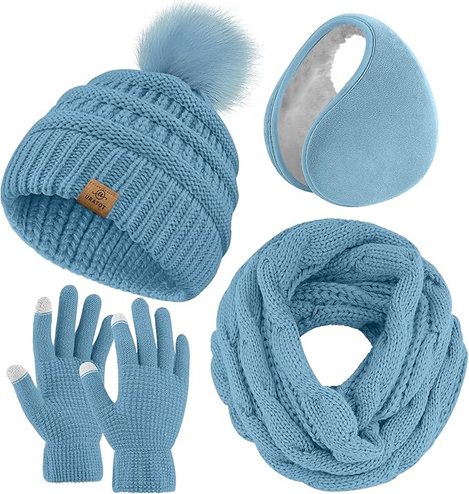 URATOT 4-In-1 Winter Warm Sets Knitted Scarf Touch Screen Gloves Beanie Pompom Hat and Winter Ear Warmer for Men or Women