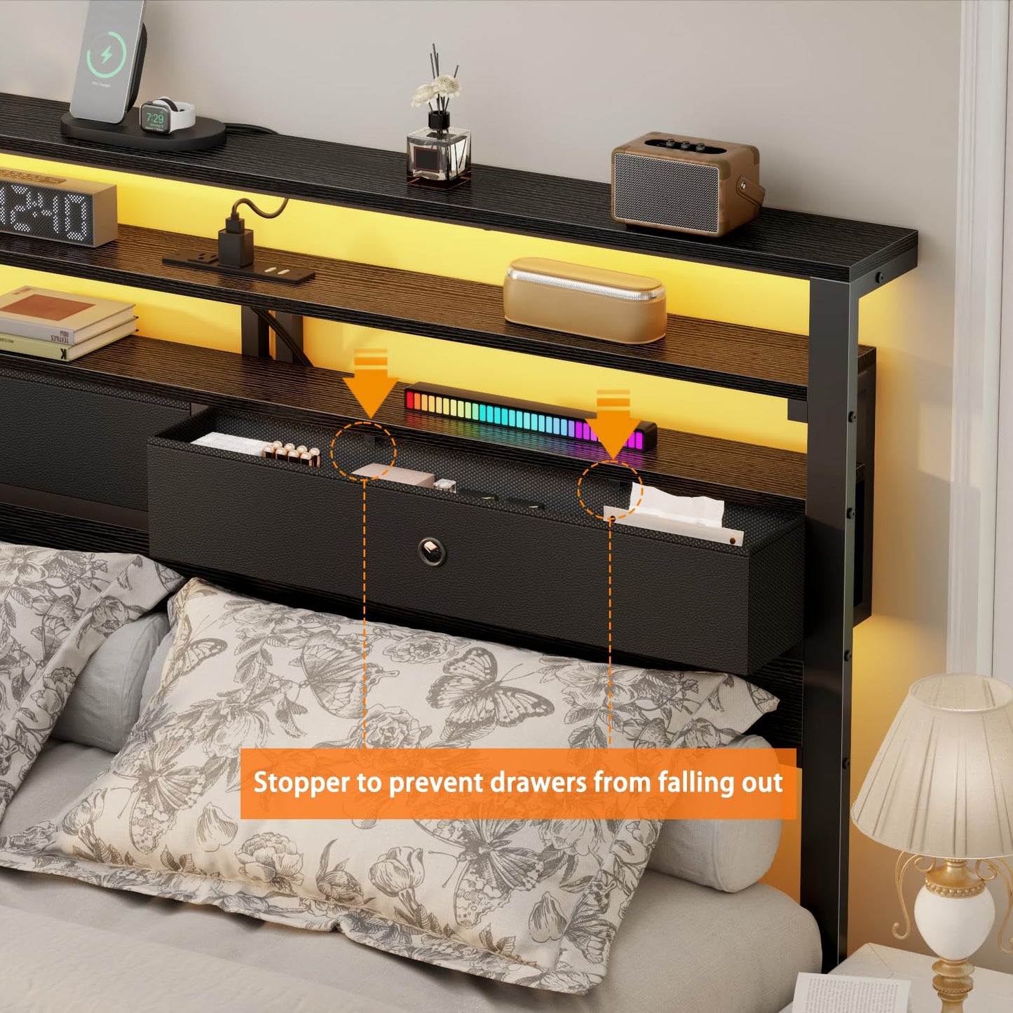 Furnulem Full Size Bed Frame with Headboard & 2 Fabric Drawers, Full Platform Bed Featuring LED Lights, Built-in Charging Station & Storage Shelves, Metal Slats, No Box Spring Needed – Black Oak