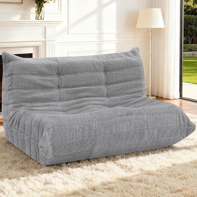 HABUTWAY Bean Bag Chairs Fireside Lazy Floor Sofa, Soft Teddy Fleece 2 Seater Sofa with High-Resilience Foam Filling，Beanbag for Living Room, Bedroom, Office (Light Gray Teddy)