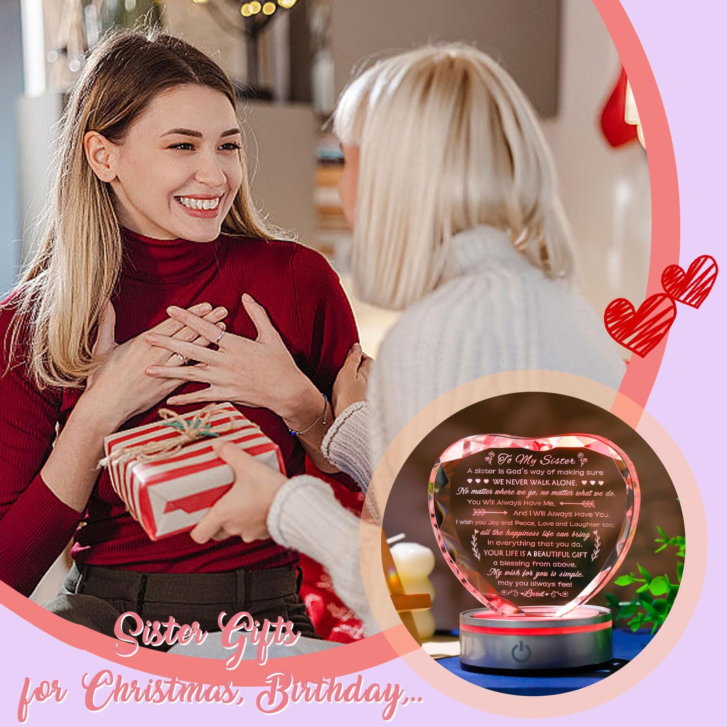 Movdyka Sister Birthday Gifts Crystal Keepsake with LED Base, Laser Engraved Sister Gifts from Sister, Soul Sister Gifts for Women, Unique Big Sister Gifts for Girls, Best Sister Ever Gifts