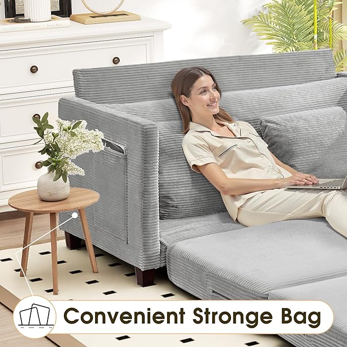 65" Convertible Loveseat Sofa Bed, 2-in-1 Folding Sofa Bed with 2 Pillow for Small Spaces, Modern Loveseat Sleeper Couch for Apartment, Living Room & Guest Room (Light Grey Corduroy, 65 inch)