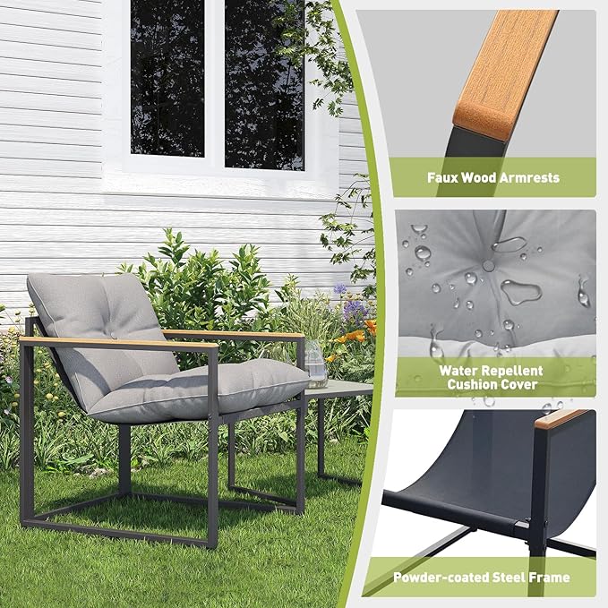 3 Piece Patio Bistro Set, Small Outdoor Furniture with Heat-Resistant Wood Armrests & Breathable Textilene Chairs, Glass Side Table & Thick Cushions for Apartment Balcony, Porch, and Garden (Gray)