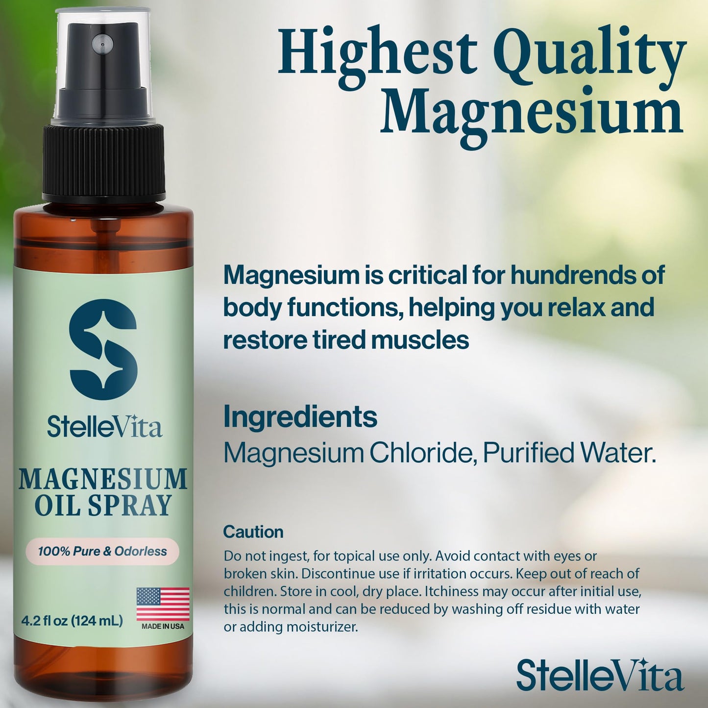 Pure Magnesium Oil Spray 4oz - Extra Strength Topical Magnesium Spray for Feet, Body & Skin Care - Sleep and Relaxation 100% Nat