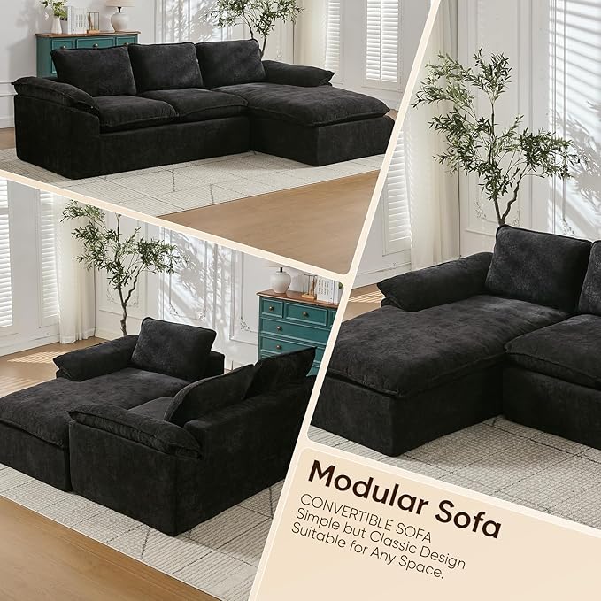 YAAREE 105.6”L Shape Modular Sectional Couch for Living Room, Modern Cloud Sectional 3 Seat Sofa with Oversized Chaise, Woven Texture Upholstery Boneless Couch (Black, Left Facing Chaise)