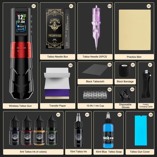 Tuffking Tattoo Kit - Wireless Tattoo Gun Kit, Professional Rotary Tatoo Pen Machine with 6 Strokes Length,1600mAh Battery, 20pcs Cartridge Needles for Artist and Beginners Tattoo Supplies(Red)