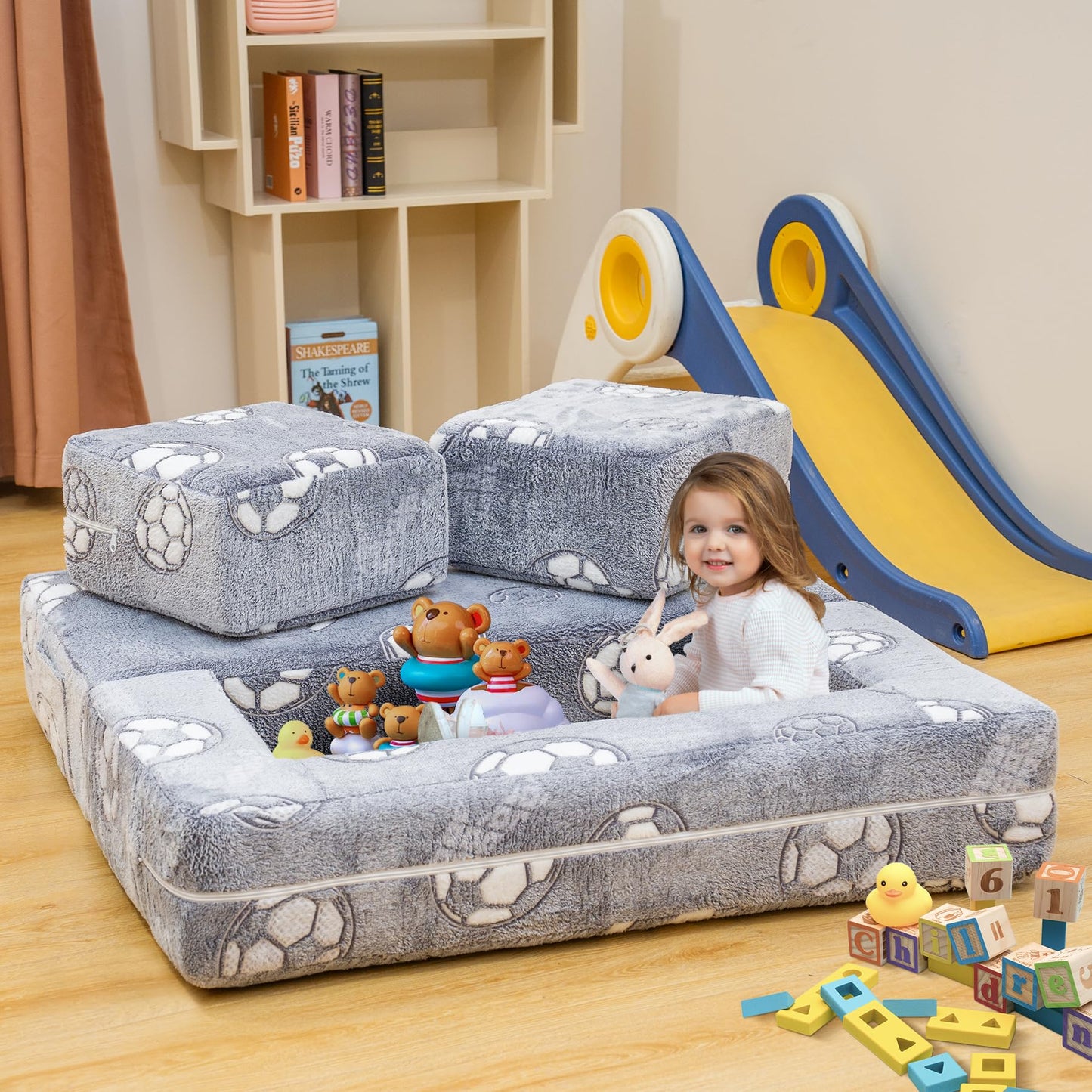 Lamerge Toddler Couch Glow in The Dark Toddler Fold Out Couch for playroom, Convertible Baby Fold Out Play Foam and Floor Cushion for Bedroom (Grey+Football)
