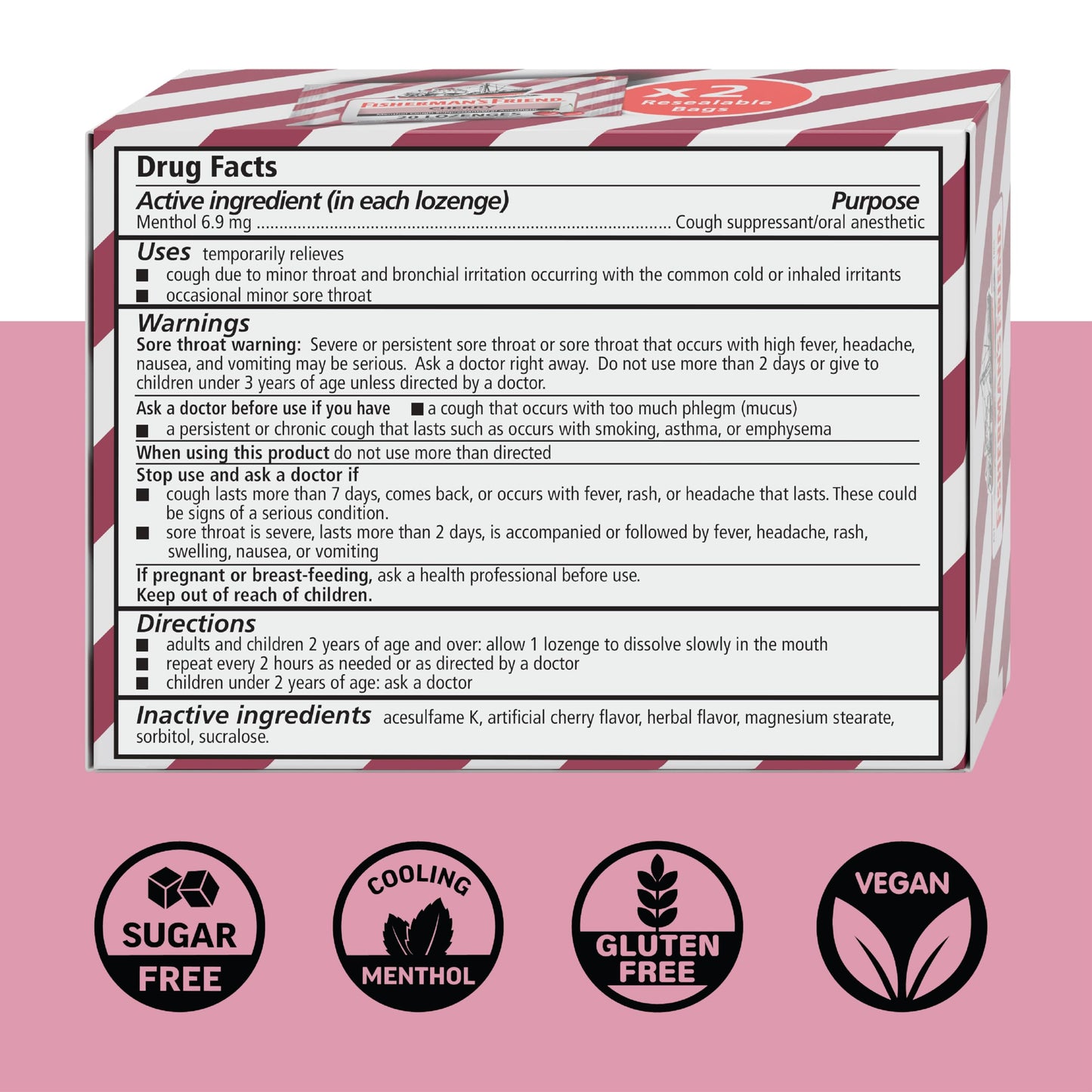 Fisherman's Friend Cough Drops, Cough Suppressant and Sore Throat Lozenges, Sugar Free Cherry, 6.9mg Menthol, 240 Drops (6 Packs of 40)