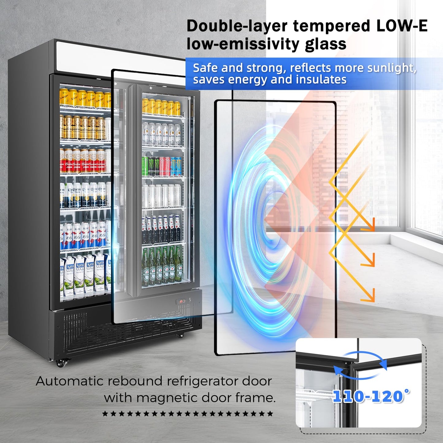 BINGERMA Commercial Merchandiser Display Refrigerator 40 Cu.ft. with 2 Glass Doors ETL Drink Cooler Beverage Fridge for Bars,Restaurants, Convenience Stores, Supermarkets and Offices