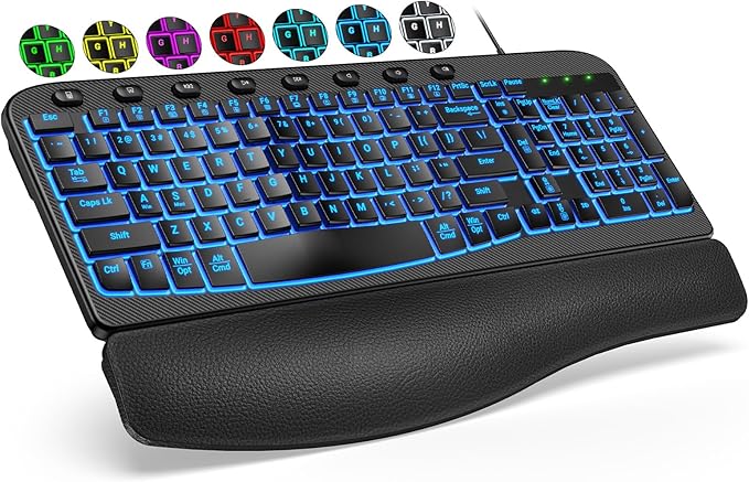 SABLUTE Ergonomic Keyboard, USB Wired with Cushioned Wrist & Palm Rest, 7-Color Backlit Adjustable Brightness for Windows,...