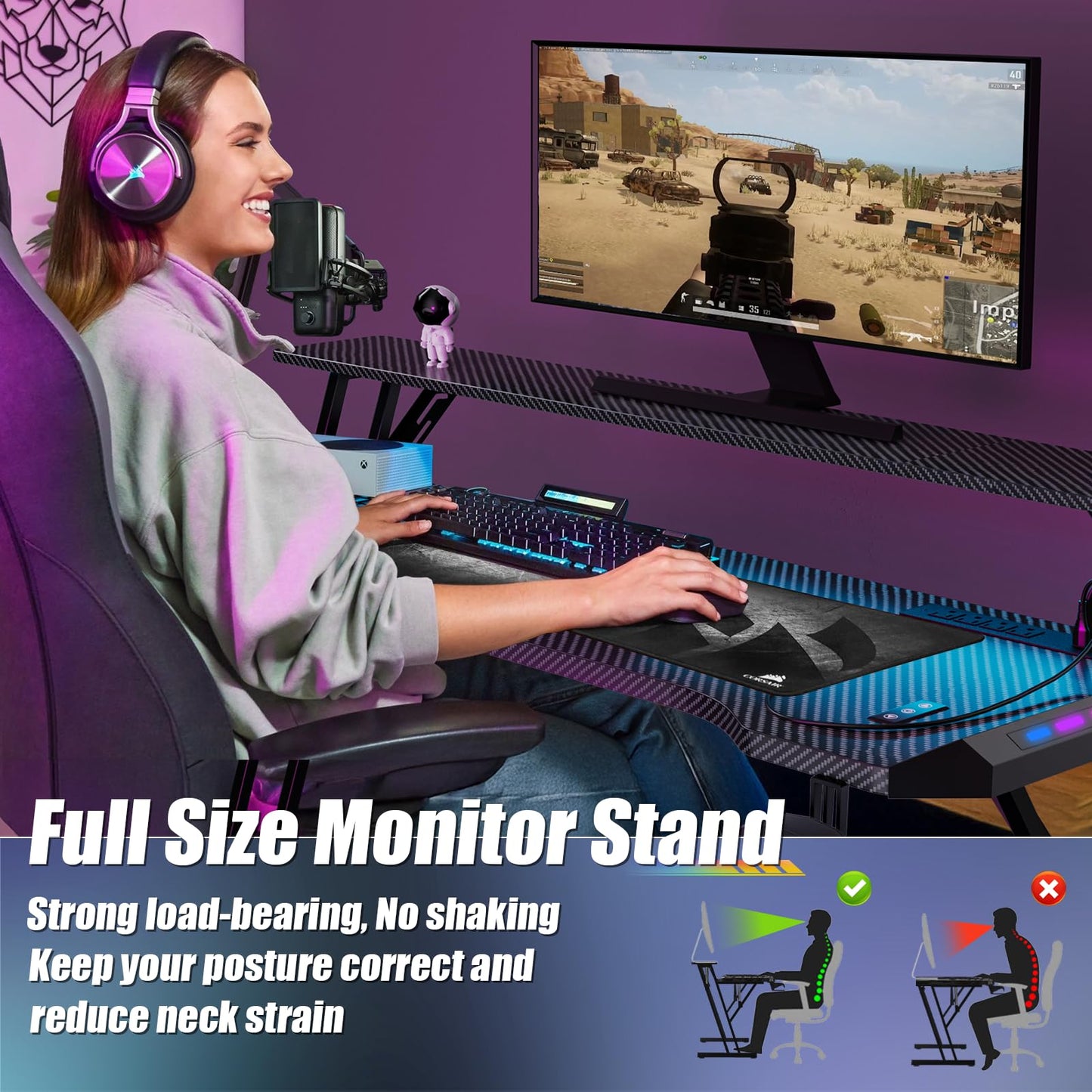 VidaTeco 63 Inch Smart Gaming Desk, Gamer Computer Desk with Phone-Controlled LED Lights & Mouse Pad, Power Outlet, Monitor Stand, Side Hook, Ergonomic Work Desks for Home Office, Carbon Fiber Black
