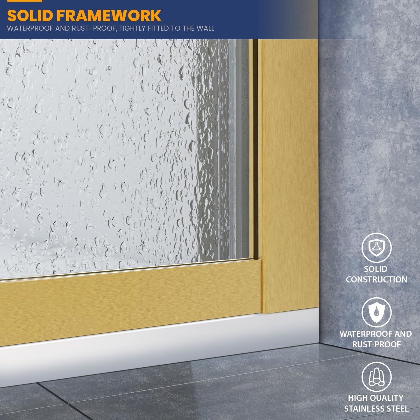 Glass Shower Panel, 34" W x 74" H Semi-Framed Fixed Shower Glass Panel in Brushed Gold with 5/16"(8mm) Clear Tempered Glass Door, Simple Shower Door Panel for Bathroom