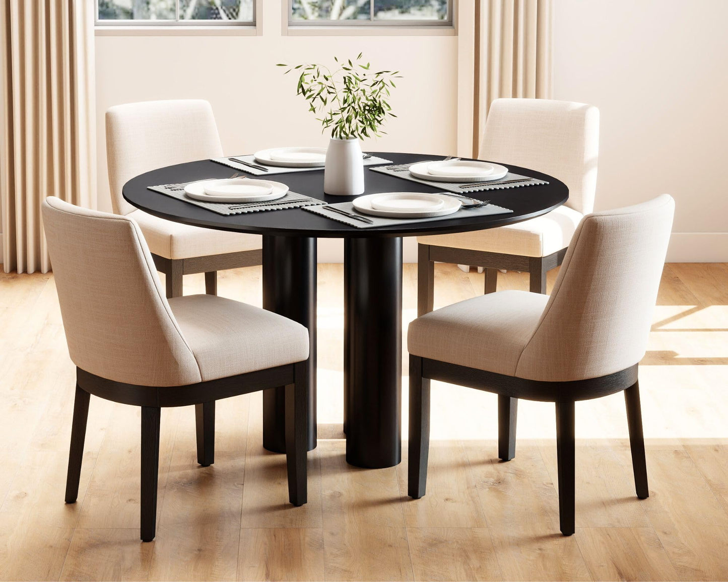 HNY Kitchen & Dining Room Chairs Set of 4, Modern Farmhouse Beige Linen Upholstered Dining Kitchen Chairs with Black Wood Legs, 18’’ Wide Armless Accent Side Chair for Dining Room Living Room