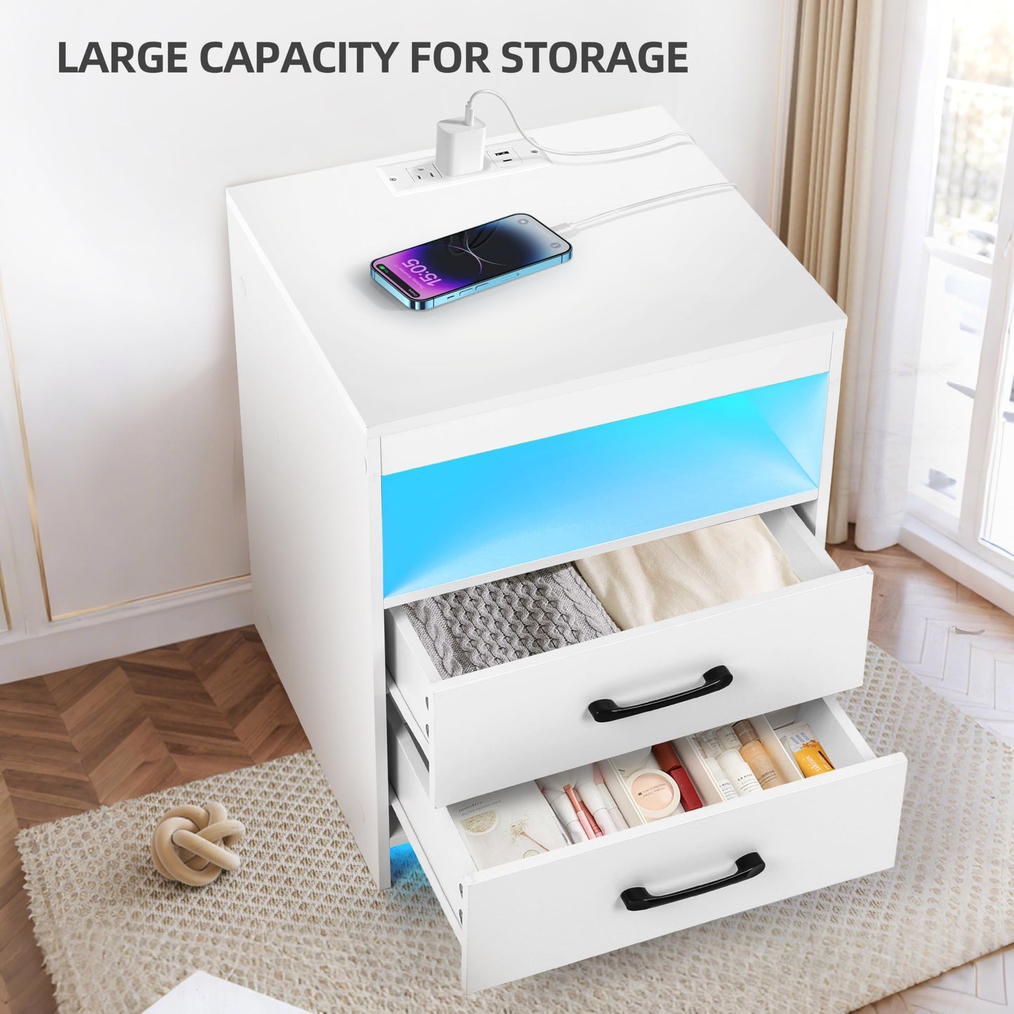 ansefe Nightstand with Charging Station and LED Lights, Bedside Table with 2 Drawers and Open Shelves, Modern End Side Table,White