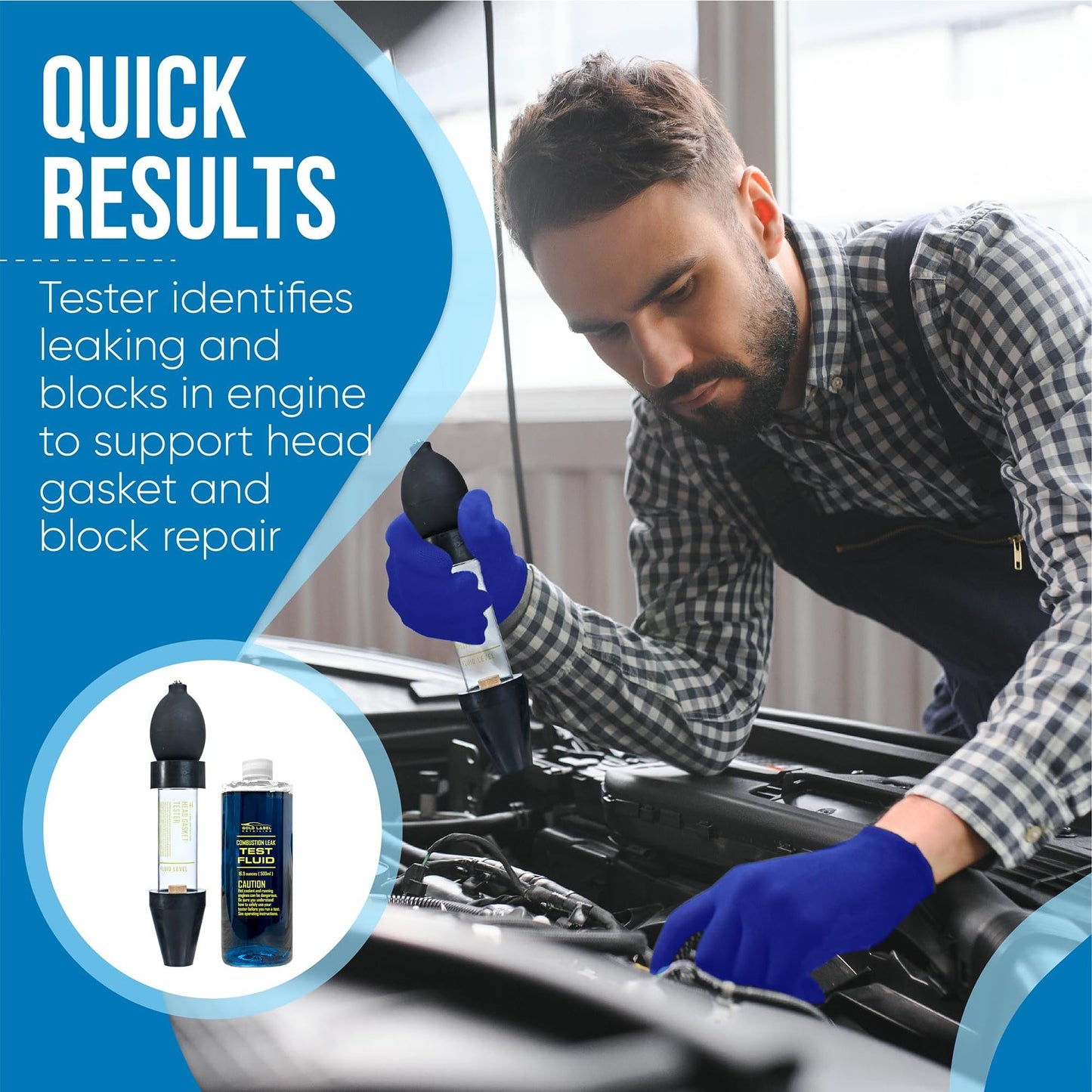 Gold Label Detailing Combustion Leak Detector Kit - 100+ Tests Automotive Engine Block and Head Gasket Tester, Ideal for Detecting Blown Gaskets (Tester with 18oz Fluid)